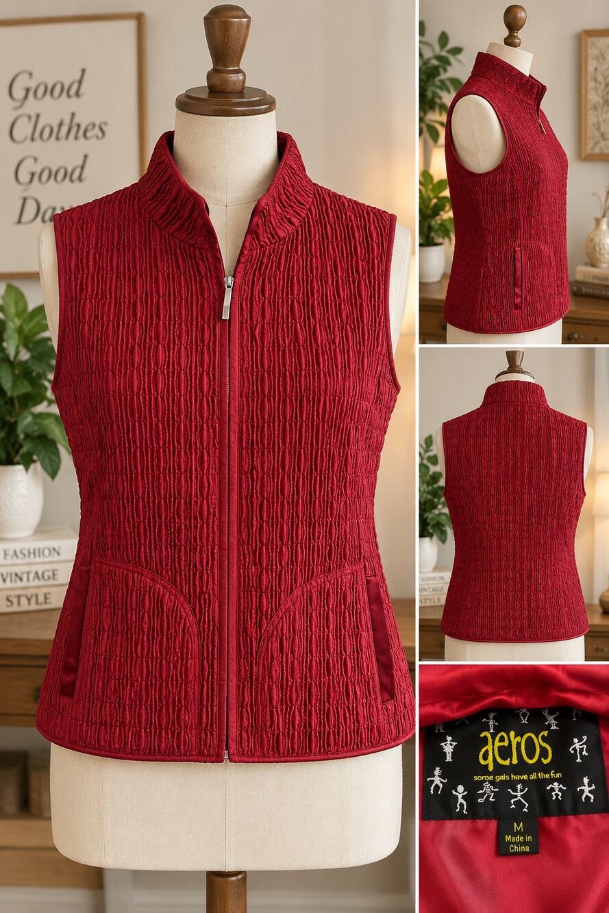 Aeros Red Textured Zip Front Vest Womens Medium Y2K Retro